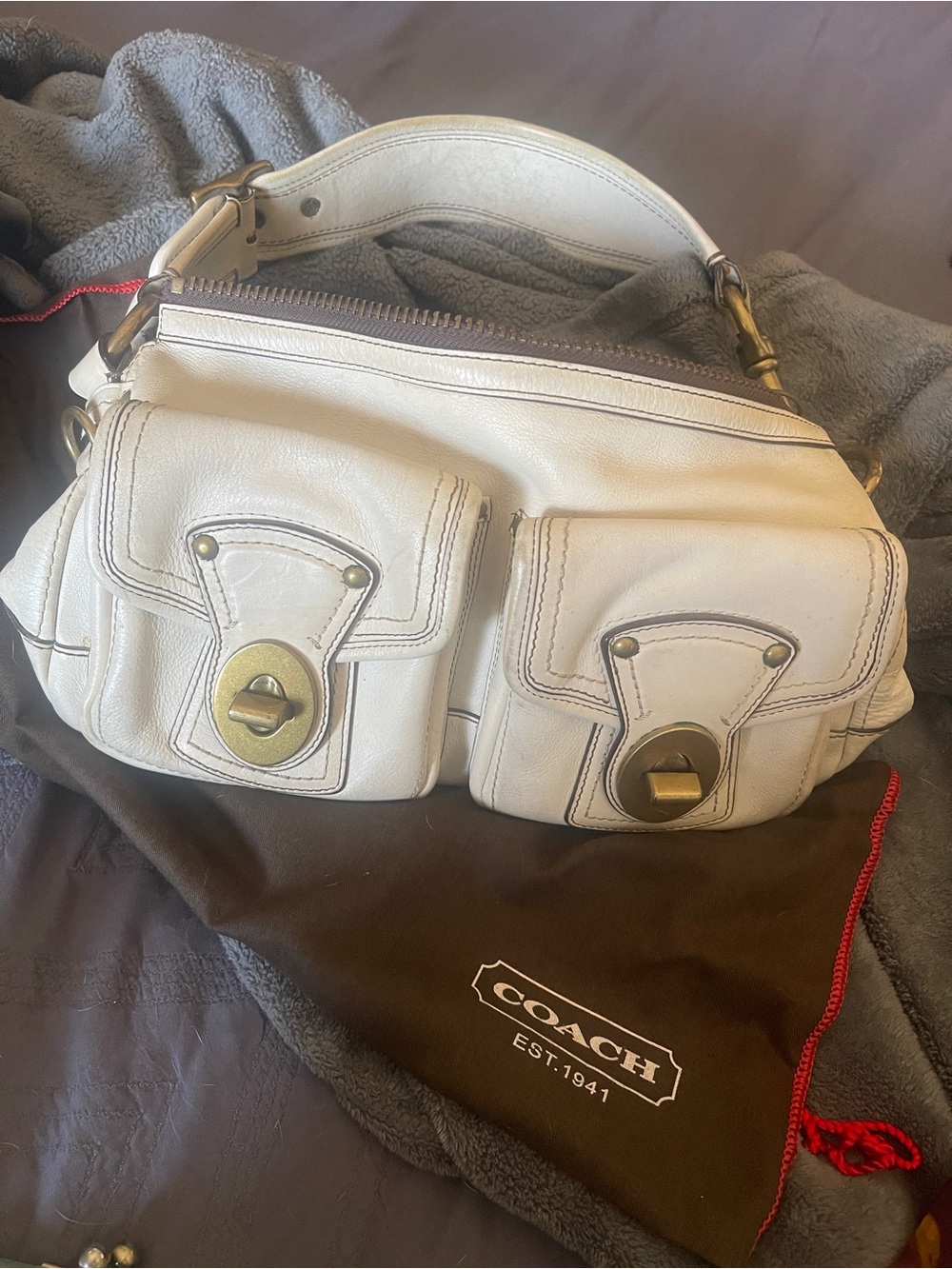 Coach White Leather Shoulder Bag with Front Pockets